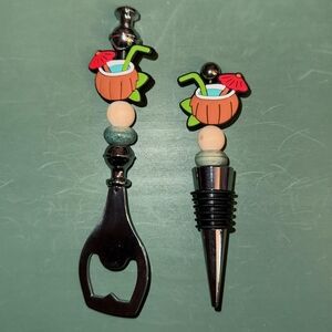 Handmade Tropical Coconut Bottle Opener and Wine Stopper Set